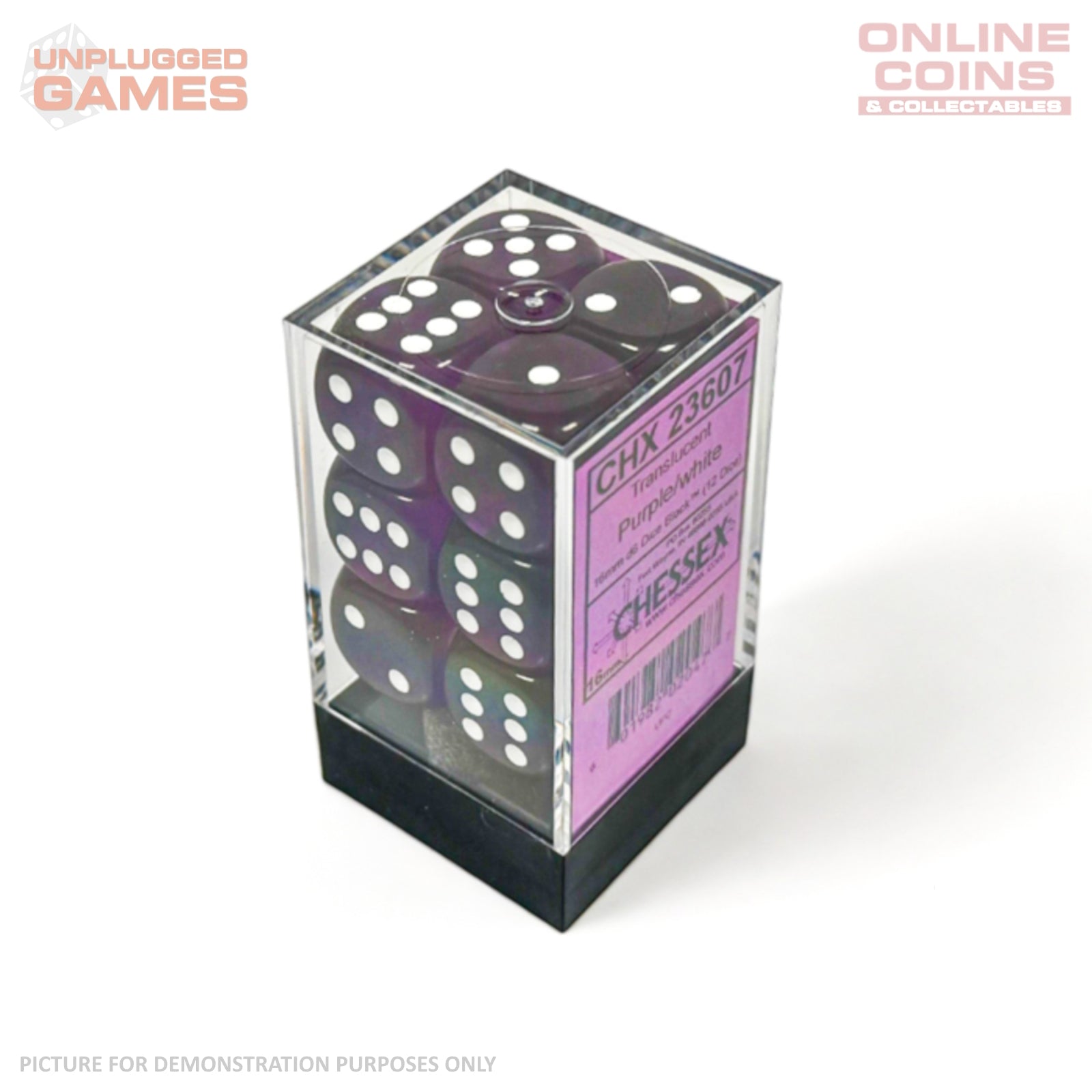 CHESSEX D6 Dice 16mm (12) - Translucent Purple/White Block